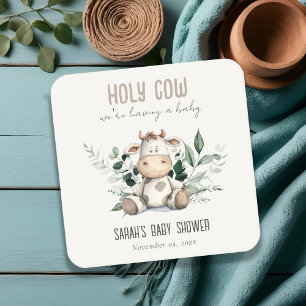Cute Heliga Cow Foliage Pastel Neutralt Baby Showe Underlägg Papper Kvadrat