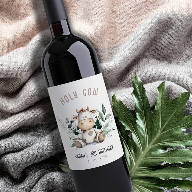 Cute Heliga Cow Foliage Pastel Neutralt Barns föde Vinflaska Etikett (Skapare uppladdad)