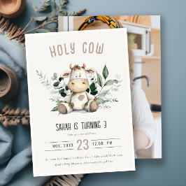 Cute Heliga Cow Foliage Pastel Photo Barns födelse Inbjudningar