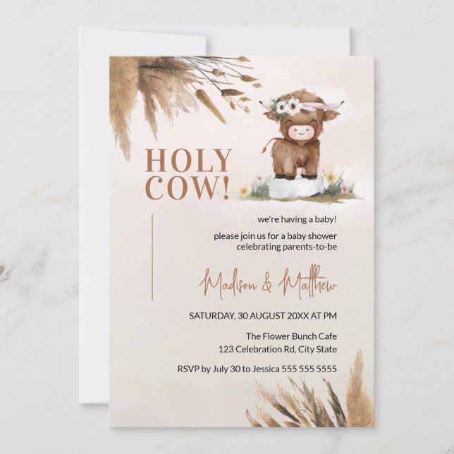 Cute Heliga Cow Pampas Rustic Farm Baby Shower Inbjudningar (Framsida)
