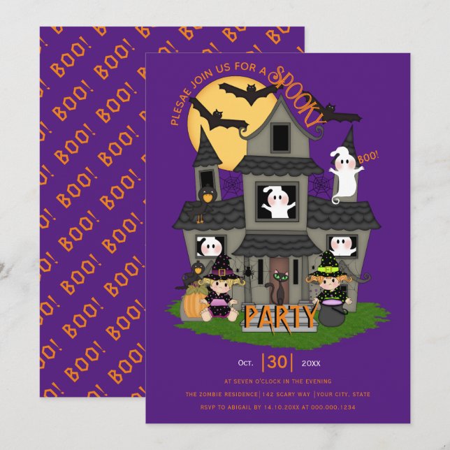 Cute hemmet lila Halloween fest Inbjudningar (Fram/baksida)