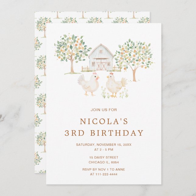Cute Hens Farm Barn Födelsedagsfest Inbjudningar (Fram/baksida)