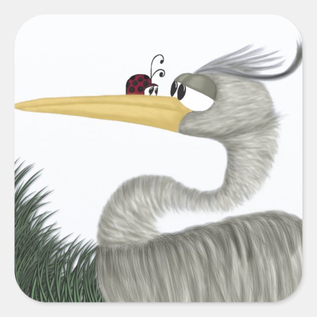 Cute Heron och Ladybug Fyrkantigt Klistermärke (Framsida)