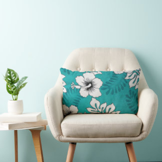 Cute Hibiscus Blommigt Art Mönster Aqua Turcos Lumbarkudde