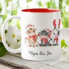Cute Highland 3 Cows Calf jul Santa Hat Två-Tonad Mugg