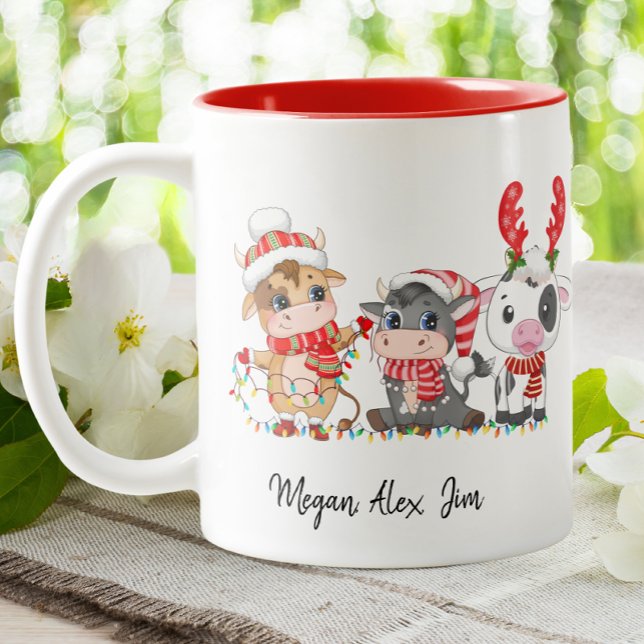 Cute Highland 3 Cows Calf jul Santa Hat Två-Tonad Mugg (Skapare uppladdad)