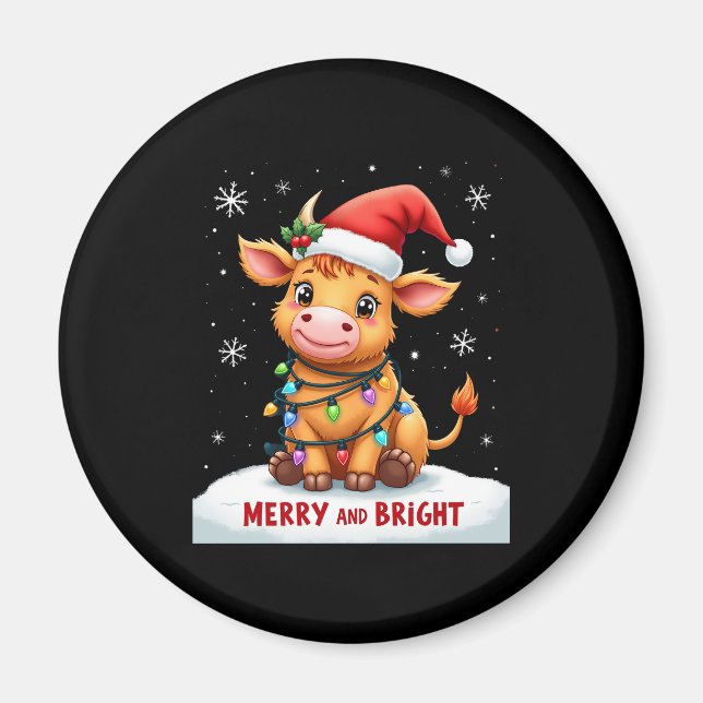 Cute Highland Baby Cow Christmas Lights Merry & Br Magnet (Framsidan)