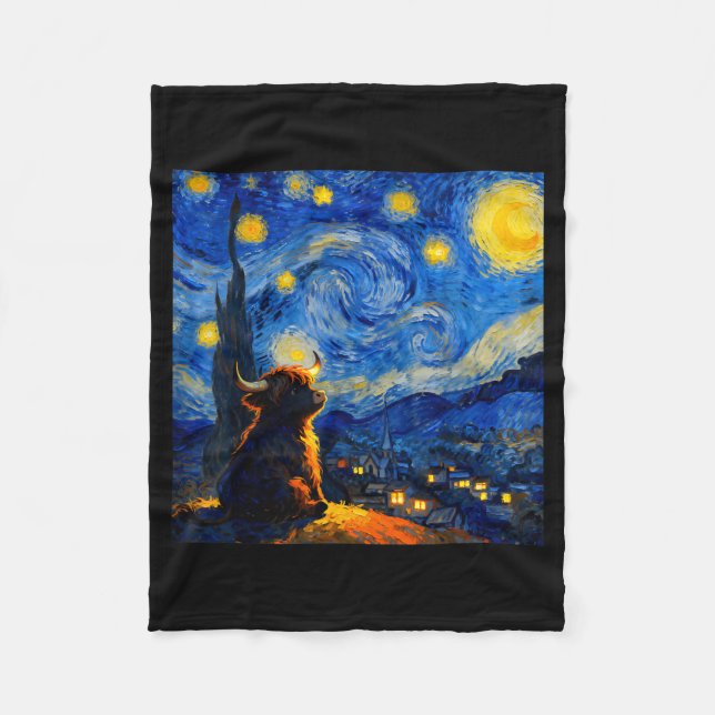 Cute Highland Baby Cow Graphic Van Gogh Style Star Fleecefilt (Framsidan)