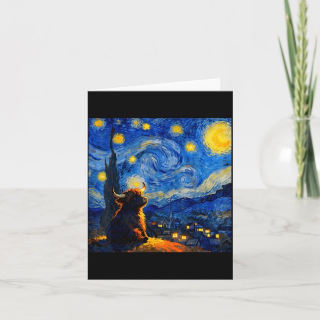 Cute Highland Baby Cow Graphic Van Gogh Style Star Kort (Framsida)