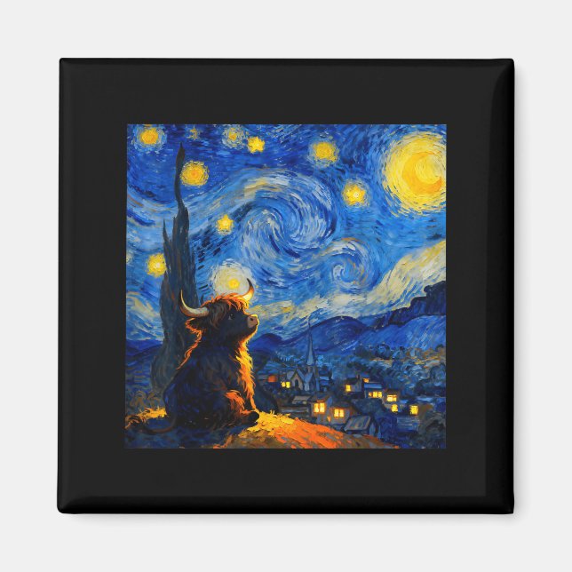 Cute Highland Baby Cow Graphic Van Gogh Style Star Magnet (Framsidan)
