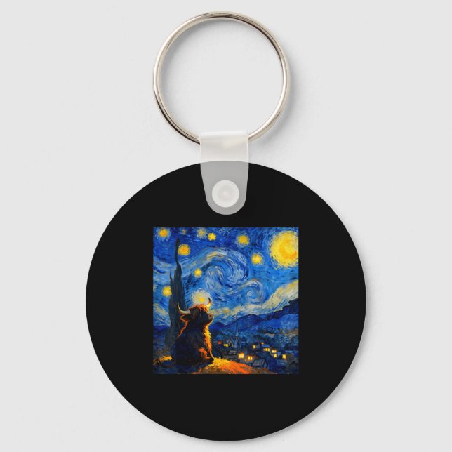 Cute Highland Baby Cow Graphic Van Gogh Style Star Nyckelring (Framsida)