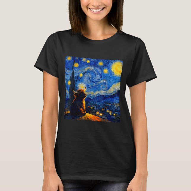Cute Highland Baby Cow Graphic Van Gogh Style Star T Shirt (Framsida)