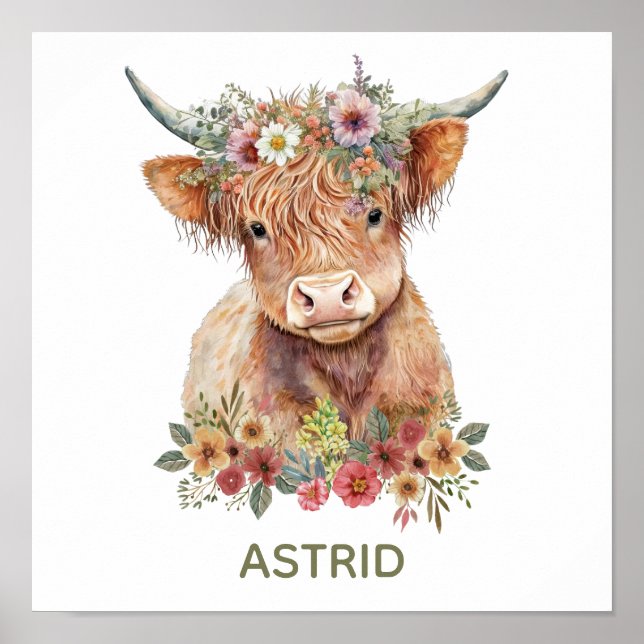 Cute Highland Cattle Cow Hand plockade Watercolor Poster (Framsidan)