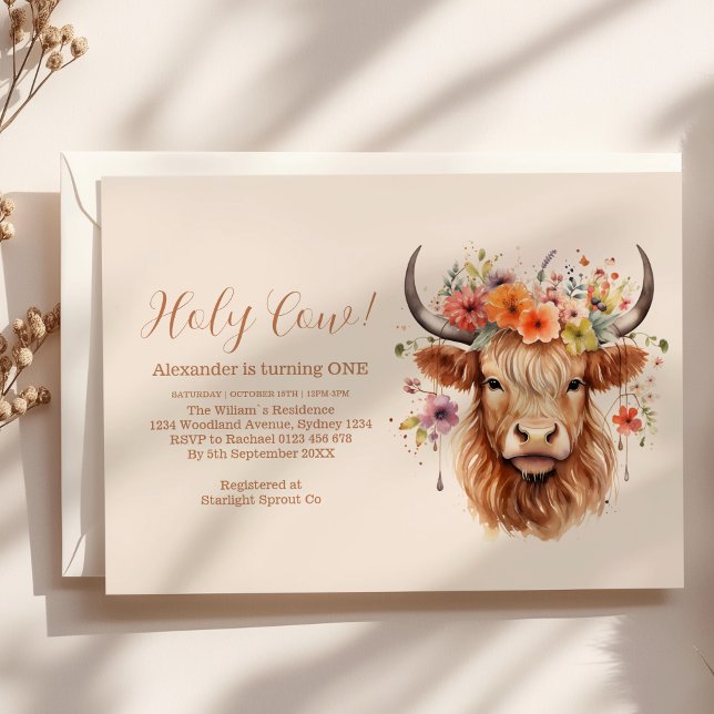 Cute Highland Cow 1:a födelsedagen Inbjudningar (Skapare uppladdad)
