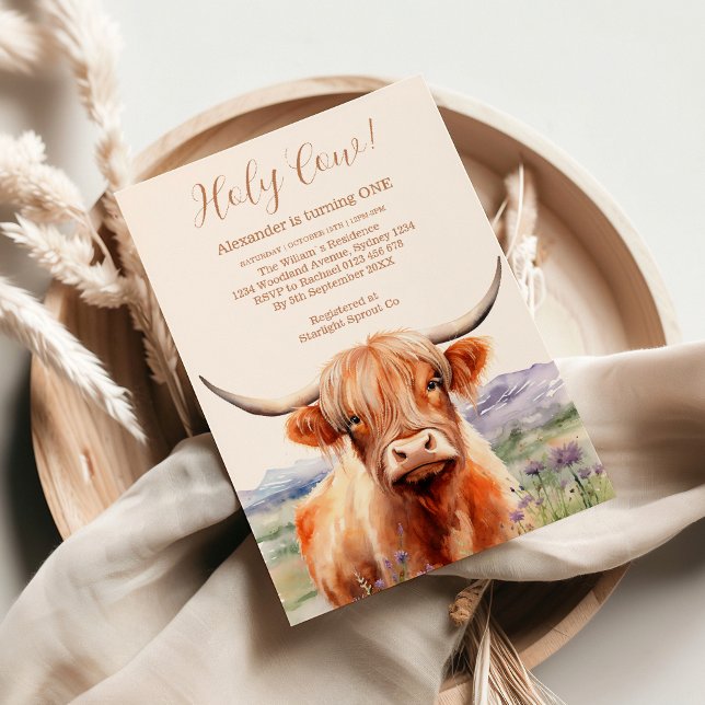 Cute Highland Cow 1:a födelsedagen Inbjudningar (Skapare uppladdad)
