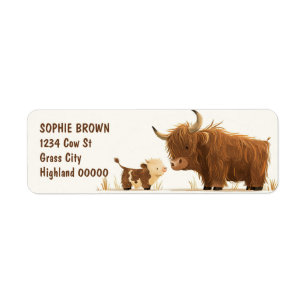 Cute Highland Cow and Calf Farm Animal Returadress Etikett
