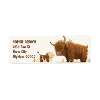 Cute Highland Cow and Calf Farm Animal Returadress Etikett