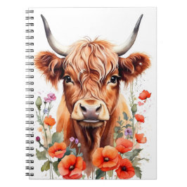 Cute Highland Cow and Poppy Flowers Watercolor Anteckningsbok