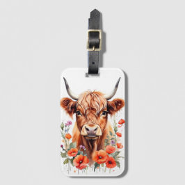 Cute Highland Cow and Poppy Flowers Watercolor Bagagebricka