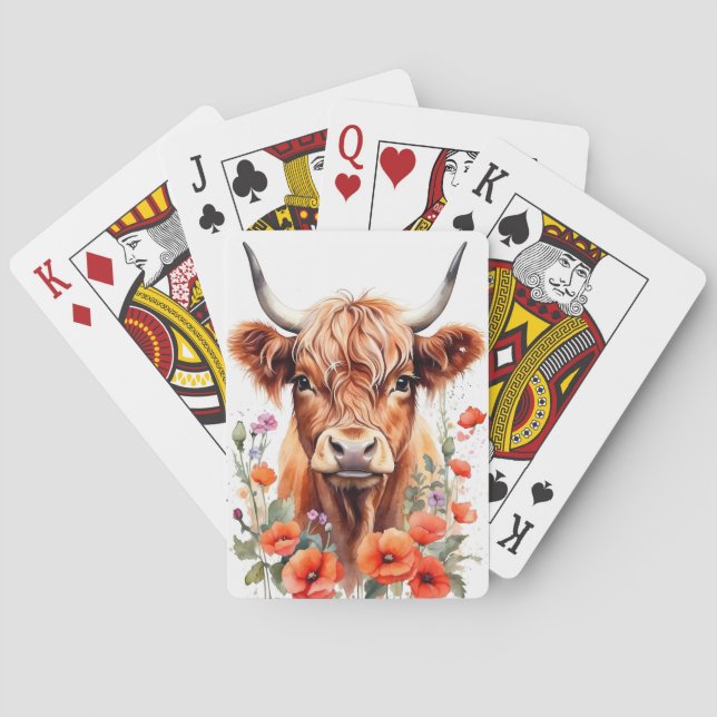 Cute Highland Cow and Poppy Flowers Watercolor Casinokort (Baksidan)