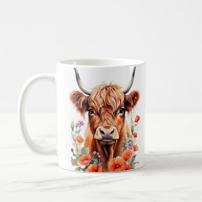 Cute Highland Cow and Poppy Flowers Watercolor Kaffemugg (Vänster)