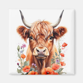 Cute Highland Cow and Poppy Flowers Watercolor Magnet