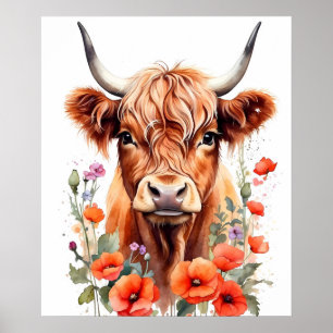 Cute Highland Cow and Poppy Flowers Watercolor Poster