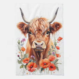 Cute Highland Cow and Red Poppies Watercolor Kökshandduk
