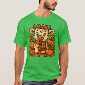 Cute Highland Cow Autumn Pumpkin Plaid Scarf Fall  T Shirt