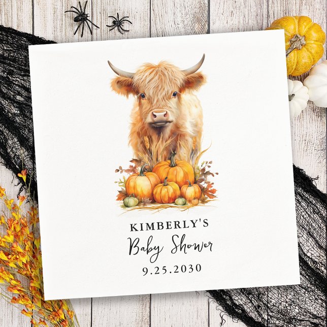 Cute Highland Cow Autumn Pumpkins Baby Shower Pappersservett (Skapare uppladdad)