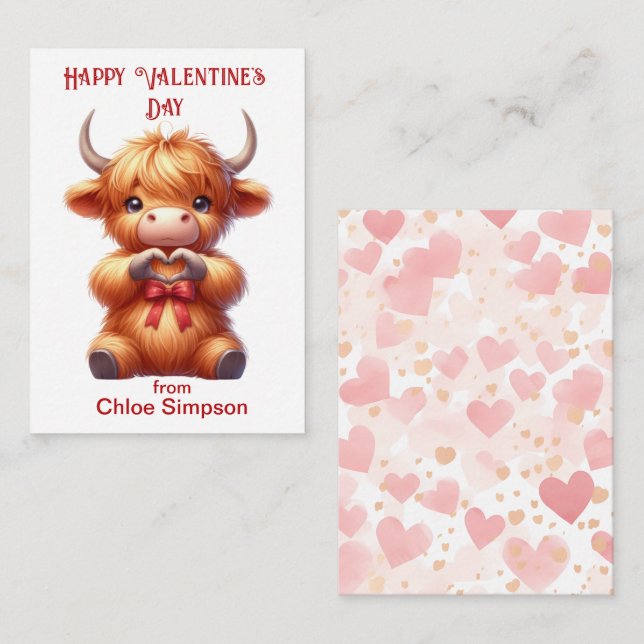 Cute Highland Cow Barn Valentine Classroom Party Anteckningskort (Fram/baksida)