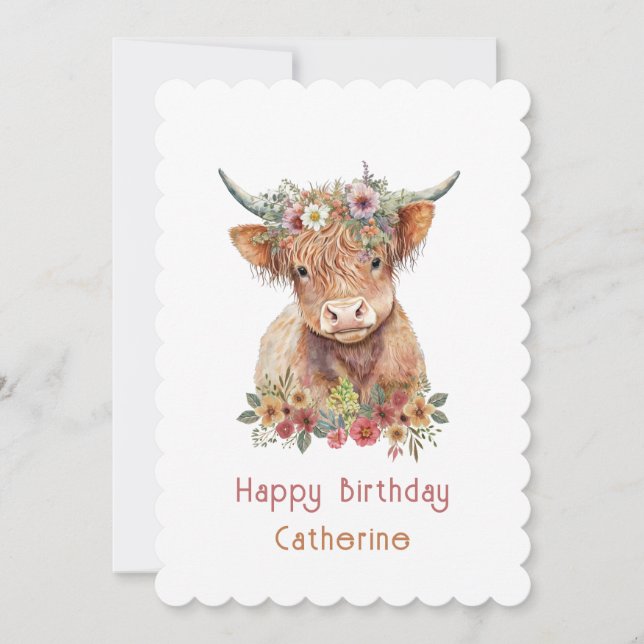 Cute Highland Cow Blommigt Birthday Namn Watercolo Inbjudningar (Framsida)