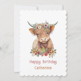 Cute Highland Cow Blommigt Birthday Namn Watercolo Inbjudningar