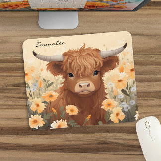 Cute Highland Cow Blommigt w/Monogram Musmatta