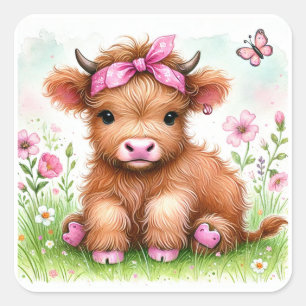 Cute Highland Cow Butterfly Girl Födelsedagsfest Fyrkantigt Klistermärke