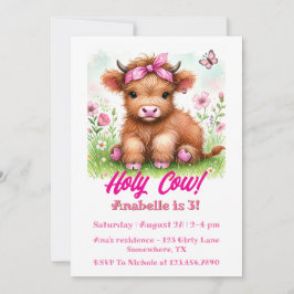 Cute Highland Cow Butterfly Girl Födelsedagsfest Inbjudningar