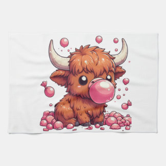 Cute Highland Cow calf blowing bubbles Kökshandduk