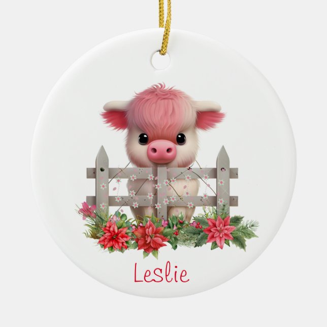 Cute Highland Cow Calf jul Personlig Namn Julgransprydnad Keramik (Framsidan)