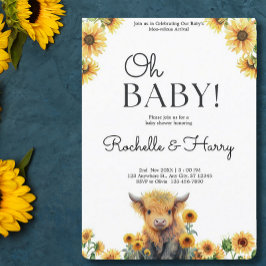 Cute Highland Cow Calf Solblommor Baby Shower Inbjudningar