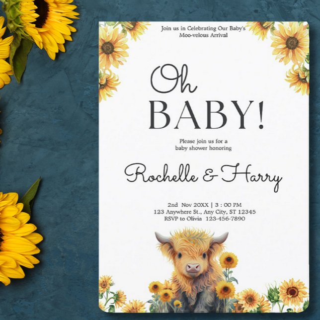 Cute Highland Cow Calf Solblommor Baby Shower Inbjudningar (Skapare uppladdad)