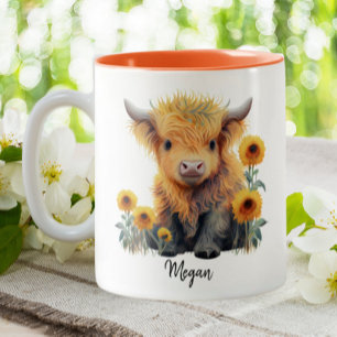 Cute Highland Cow Calf Sunblommor Personlig Två-Tonad Mugg