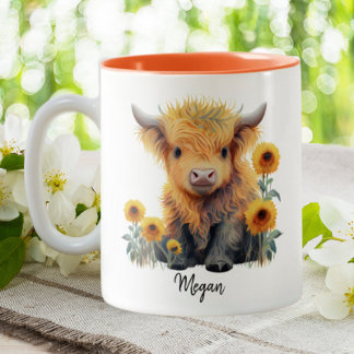 Cute Highland Cow Calf Sunblommor Personlig Två-Tonad Mugg