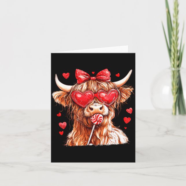 Cute Highland Cow Candy Cane Heart Valentines Day  Kort (Framsida)