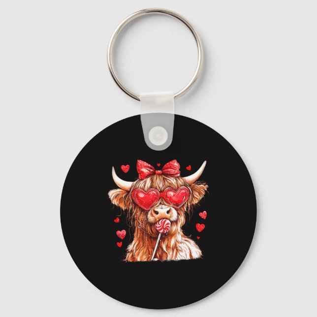 Cute Highland Cow Candy Cane Heart Valentines Day  Nyckelring (Framsida)