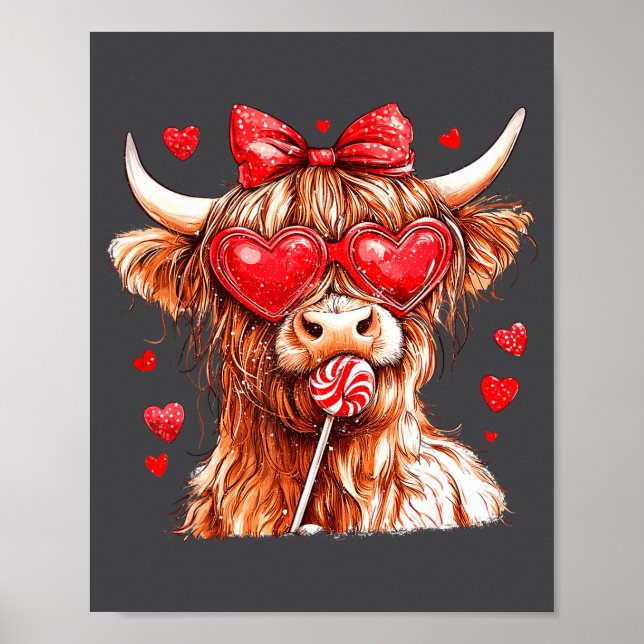 Cute Highland Cow Candy Cane Heart Valentines Day  Poster (Framsidan)