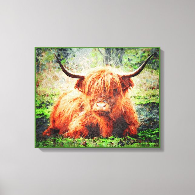 Cute Highland Cow Cattle Watercolor Art Paeing Canvastryck (Framsida)