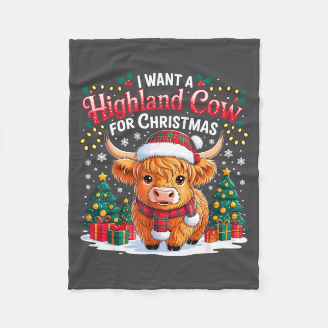 Cute Highland Cow Christmas Funny Santa Lights Hol Fleecefilt (Framsidan)