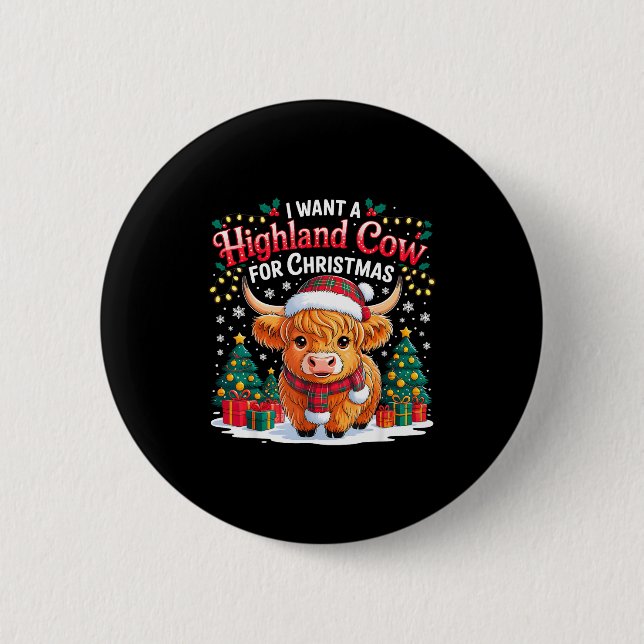 Cute Highland Cow Christmas Funny Santa Lights Hol Knapp (Framsida)
