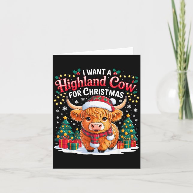 Cute Highland Cow Christmas Funny Santa Lights Hol Kort (Framsida)