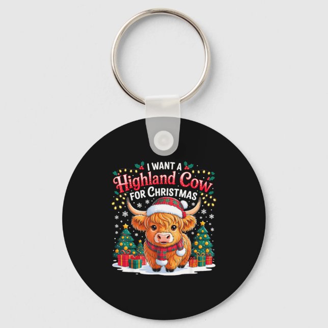 Cute Highland Cow Christmas Funny Santa Lights Hol Nyckelring (Framsida)